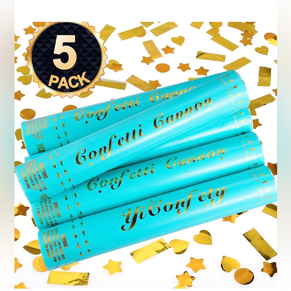 Gold Confetti Cannon, 5 PACK Gold Confetti Poppers with Party Backdrop